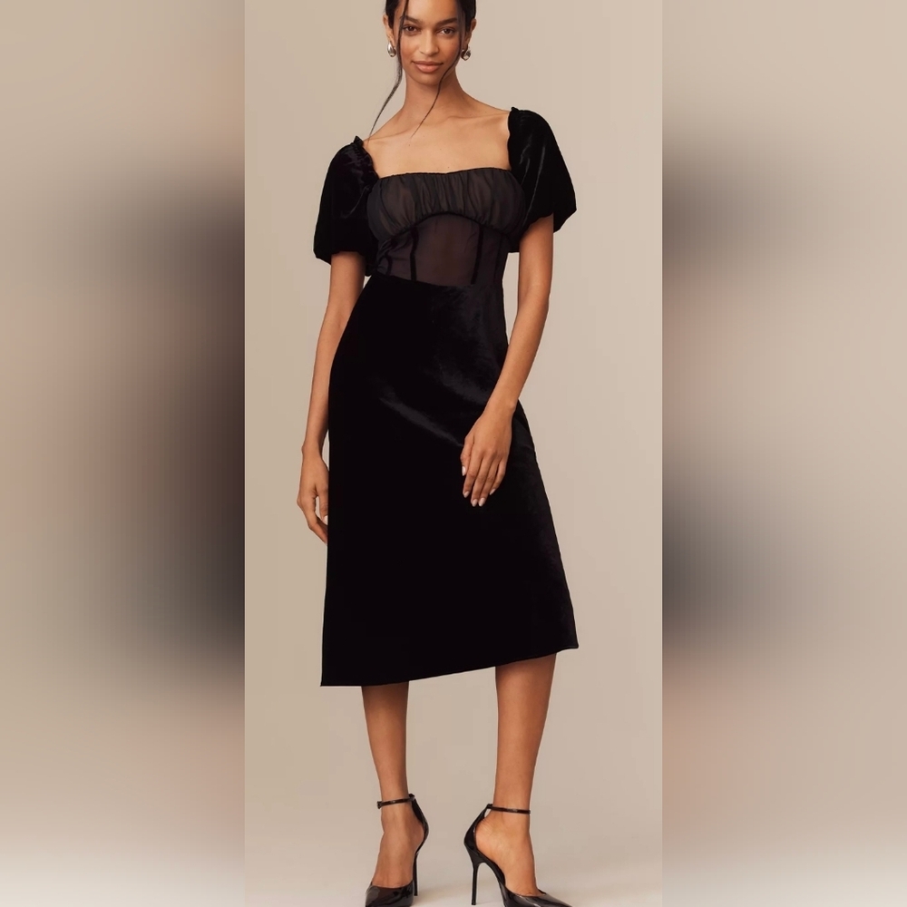 Anthropologie Black Puff-Sleeve Sheer-Panel Mesh Velvet Midi Dress - Picture 2 of 4